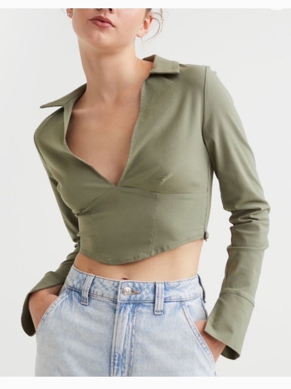 H&M Olive Green Corset-Style Long-Sleeve Crop Top